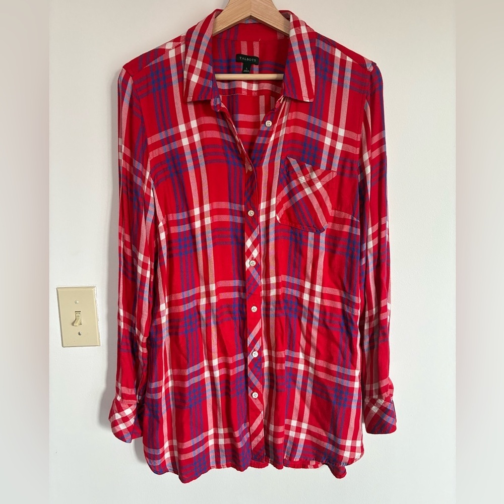 Talbots Plaid Shirt Large Red White Blue Lightweight Button Down Soft Spring